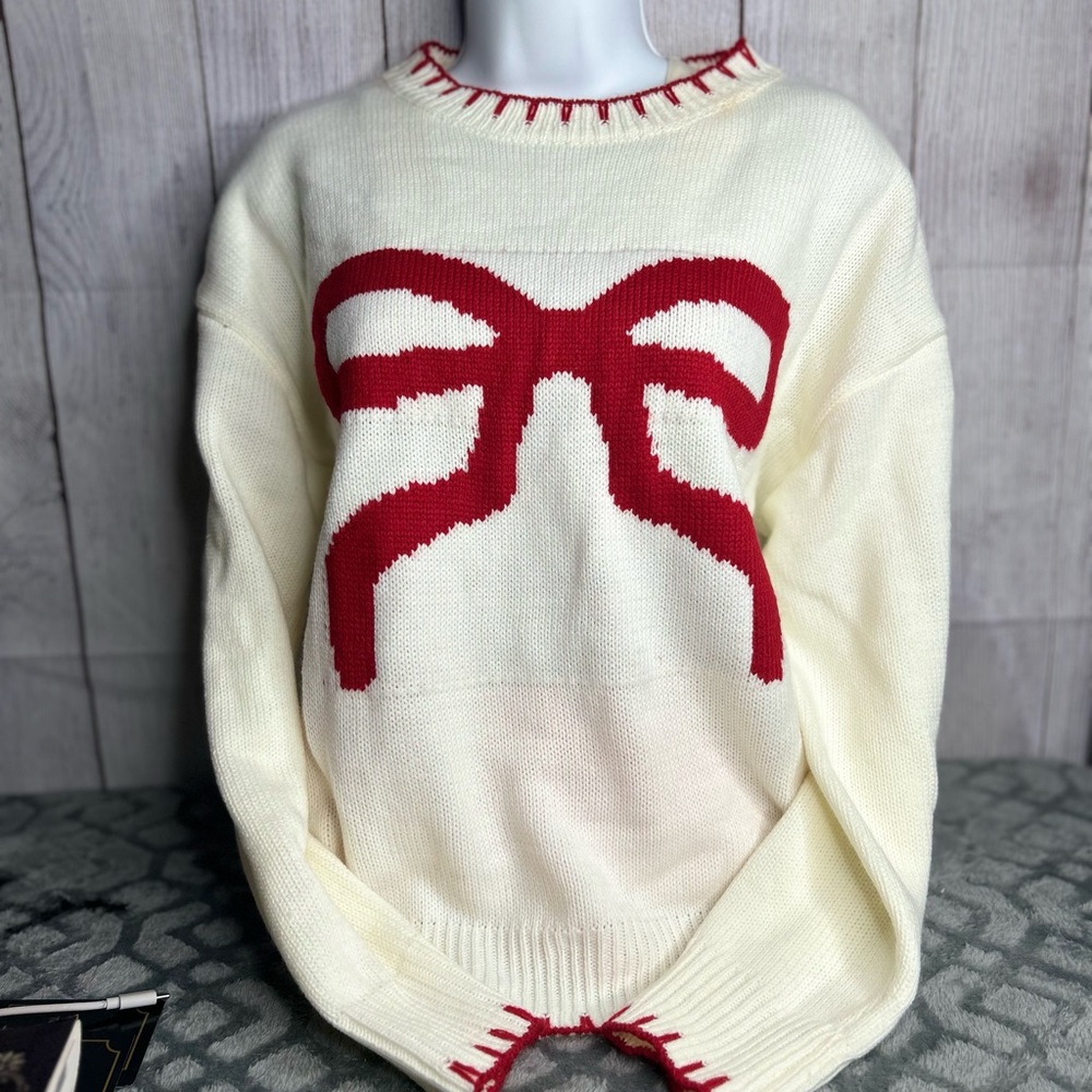 Cream and Red Bow Sweater